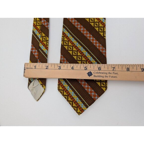 Vintage 60s 70s Men's Tie Brown Yellow Blue Striped - Picture 6 of 9